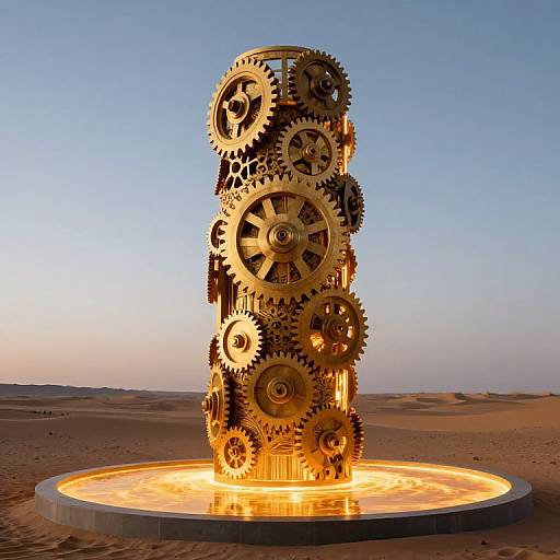 Photorealistic CGI of a towering stack of golden gears illuminated by a glowing circular platform in a desert at sunset.
