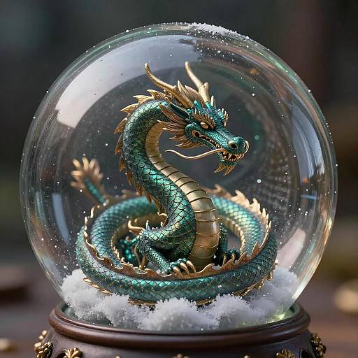 Photorealistic digital artwork of a blue-green, gold-accented dragon inside a snow-covered glass snow globe, with a blurred dark background.