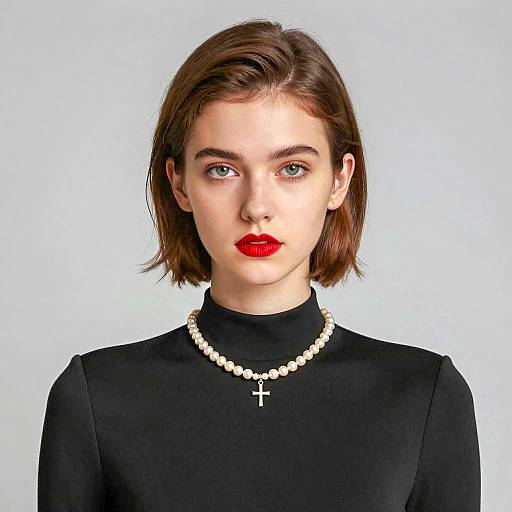 Portrait of Young Woman in Black High-Neck Dress