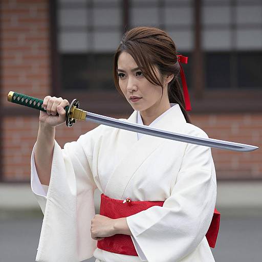 Focused Asian Woman in Traditional Kimono