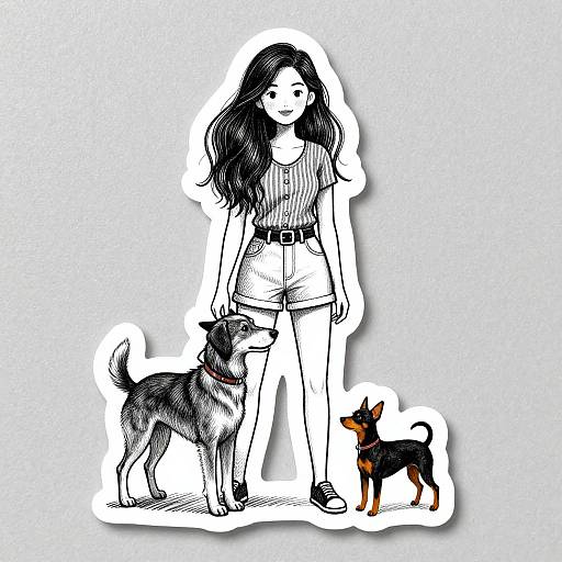 Black-and-white digital drawing of a long-haired woman in shorts and a striped shirt, standing with a medium-sized dog and a small, brown and black