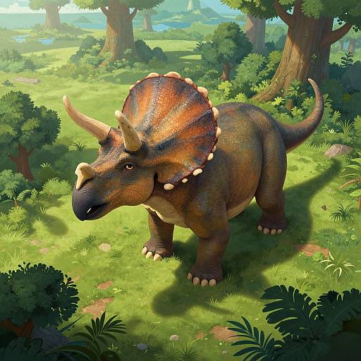 Digital illustration of a detailed, orange-brown, horned, dinosaur-like creature with a spiked frill, standing in a sunny, lush, forest