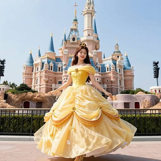 Digital illustration of a young woman in a yellow, off-shoulder ball gown with a golden crown, standing in front of a blue-turreted