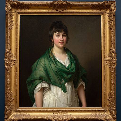 Photograph of a classical portrait painting in an ornate gold frame, depicting a young woman with fair skin, dark hair, green shawl, and