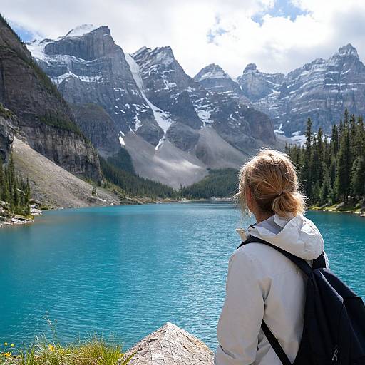 Photograph of a blonde woman with a white jacket and black backpack, gazing at a turquoise mountain lake with snow-capped peaks and evergreen trees