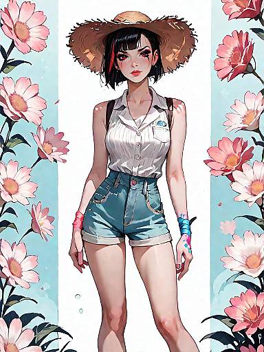 Stylish Young Woman in Summer Outfit with Straw Hat