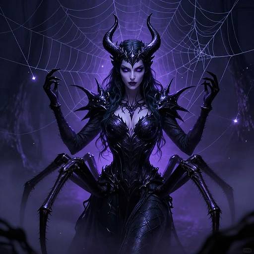 Digital fantasy artwork of a dark, horned spider-woman with six arms, black armor, and glowing purple eyes, standing in front of a web