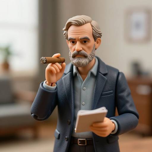 Photorealistic mini-figure of a bearded man with gray hair, wearing a dark blue blazer and gray shirt, holding a cigar in one hand