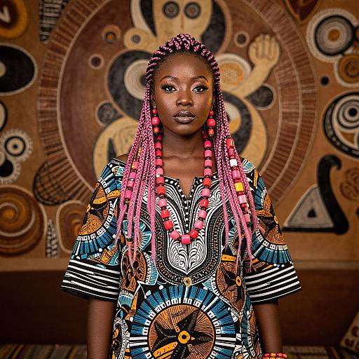 Photograph of an African woman with dark skin, pink braided hair, wearing a colorful, patterned dress, against a vibrant, abstract background.