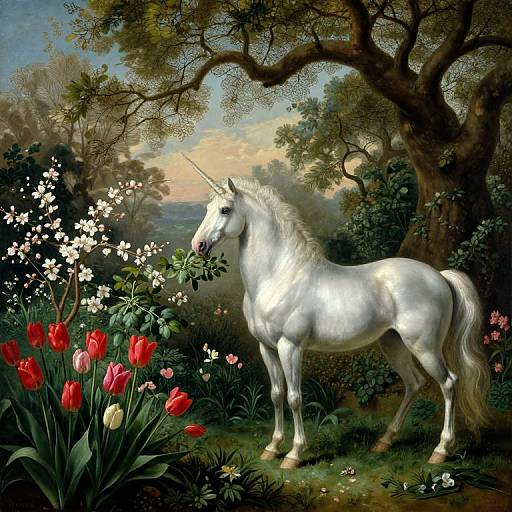Digital painting of a radiant white unicorn with a flowing mane, standing among vibrant red tulips and white flowers, under a large, leafy tree at