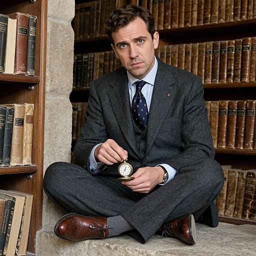 Photograph of a serious, dark-haired man in a dark suit, polka-dot tie, and brown shoes, sitting cross-legged on a bookshelf