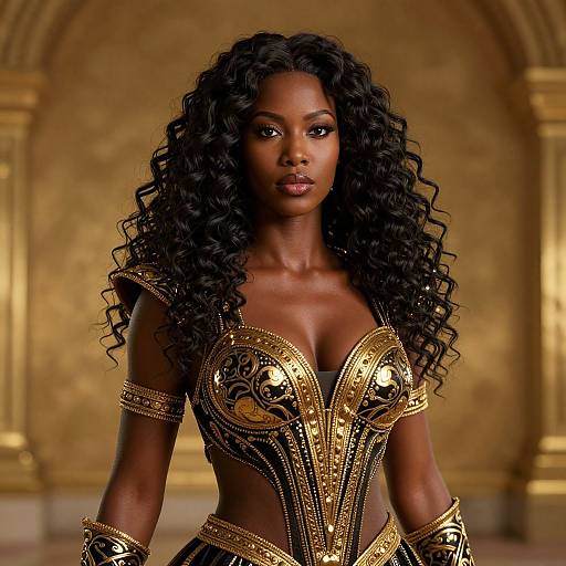 Photograph of a beautiful, dark-skinned woman with long, curly black hair, wearing an elaborate, gold-embellished, black bodys