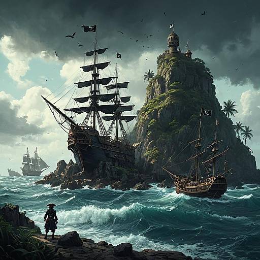 Pirate Ships Near Rocky Island with Fortress