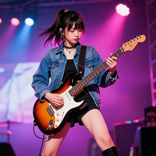 Photograph of an Asian female guitarist with black hair in a ponytail, wearing a denim jacket and black shorts, playing a sunburst electric guitar on