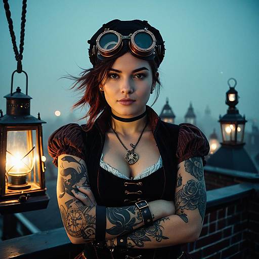 Steampunk Female Pirate with Copper Goggles on Victorian Rooftop