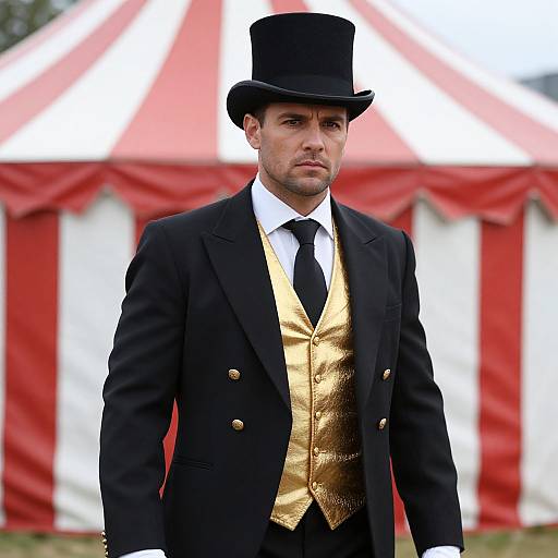 Photograph of a serious man in a black top hat, black tailcoat, and gold vest, standing in front of a red-and-white striped circus