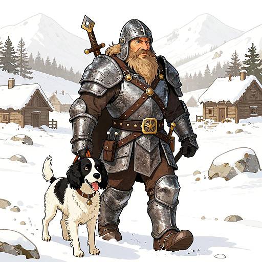 Digital illustration of a bearded Viking warrior in silver armor, sword sheathed, walking a black-and-white dog in a snowy village.
