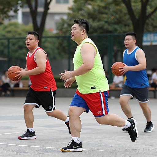 Photograph of three Asian men playing basketball outdoors, wearing sleeveless jerseys (red, neon green, blue) and shorts, running with basketballs,