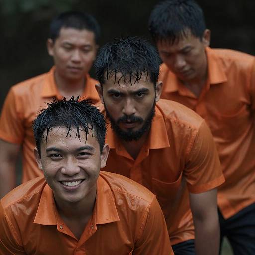 Wet Men in Orange Shirts