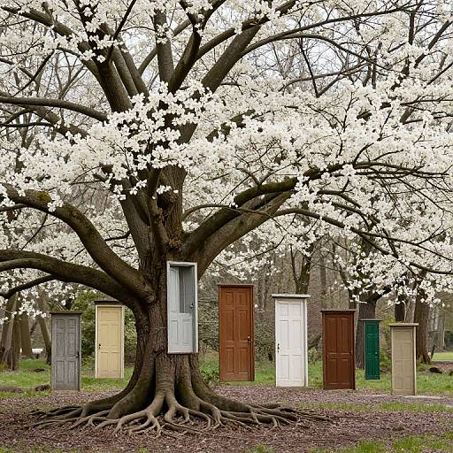 Photograph of a large tree with white blossoms, surrounded by six colorful, vintage doors attached to its trunk and branches. Background features a forest with