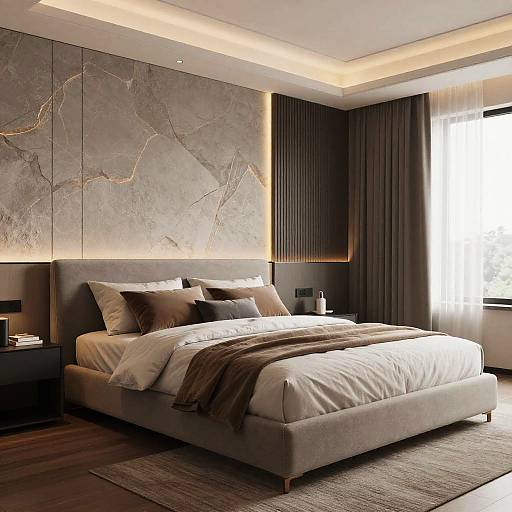 Modern bedroom with a grey upholstered bed, beige and brown bedding, illuminated map wall, dark curtains, and recessed ceiling lighting. Photographic realism