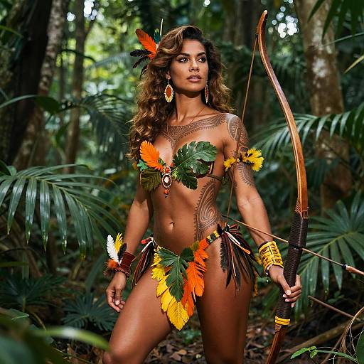 Photograph of a topless, tattooed woman with long curly hair, wearing leaf and feather bikini, holding a bow in a dense jungle.