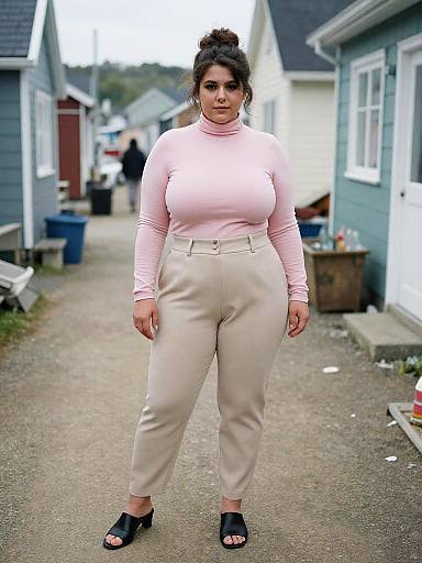 Photograph of a plus-size woman with dark hair in a bun, wearing a pink long-sleeve top and beige high-waisted pants,