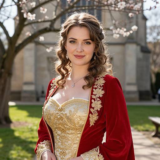 Photograph of a fair-skinned woman with wavy brown hair, wearing a red velvet gown with gold embroidery, standing in a sunlit, blo