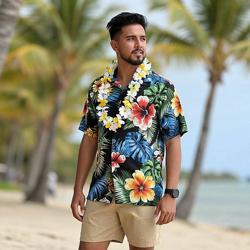 Photograph of a bearded man with dark hair, wearing a colorful Hawaiian shirt with large flowers and beige shorts, standing on a tropical beach with palm