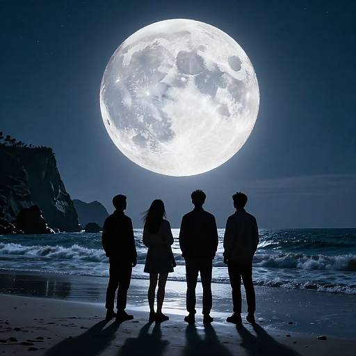 Silhouetted group of four people standing on a moonlit beach, gazing at a large, bright, full moon in the night sky.