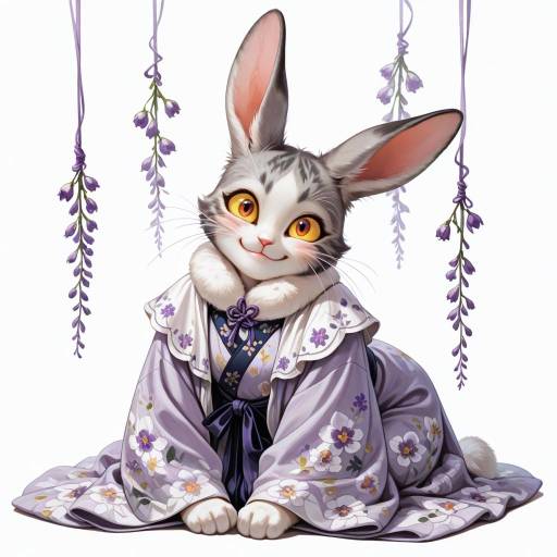 Charming Rabbit Girl in Floral Robe