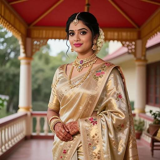 Photograph of an Indian bride in a gold-embroidered saree, adorned with traditional jewelry, standing on a balcony with red roof and green