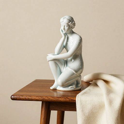 Porcelain Figurine on Teak Table with Cashmere Throw