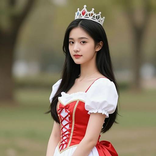 Asian Girl in Red and White Dress
