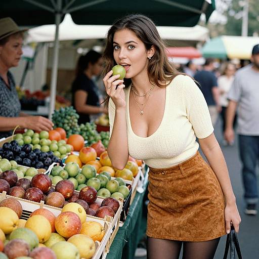 Photograph of a brunette woman with medium skin tone and curvy figure, wearing a white top and brown skirt, biting a green apple at a bustling
