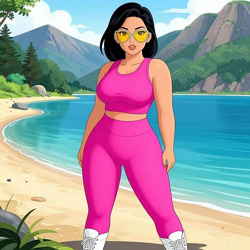 Digital illustration of an Asian woman with black hair, yellow sunglasses, pink sports bra and pants, white sneakers, standing on a sunny beach with mountains and
