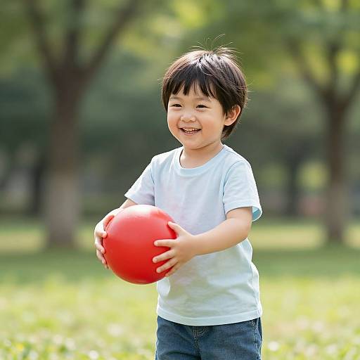 Photograph of a smiling Asian boy with black hair, wearing a white t-shirt and blue jeans, holding a red ball in a sunlit, green