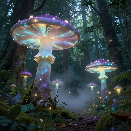 Photograph-like digital art of glowing, colorful mushrooms in a dark, misty forest, surrounded by fireflies and lush greenery.