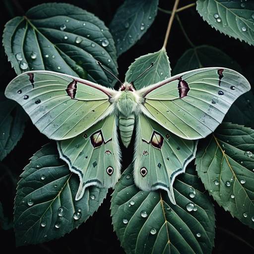 Ethereal Luna Moth on Dewy Leaf