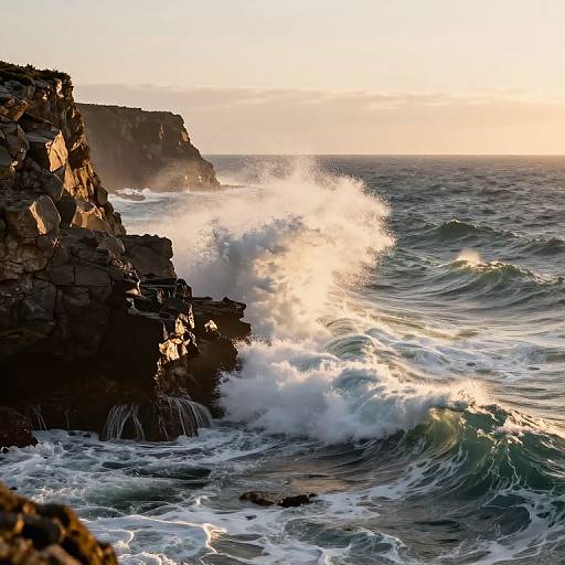 Photograph of a rocky coastline at sunset, with powerful waves crashing against dark, jagged cliffs, and sunlight illuminating the foamy white surf.