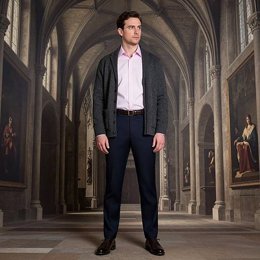 Photograph of a serious young man in a white shirt, black cardigan, and black pants standing in a grand, Gothic-style cathedral with arched