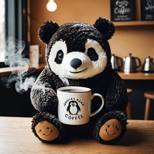 Cozy Doodle Coffee Bear with Steaming Mug