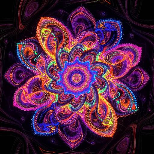Vivid, neon digital fractal artwork featuring colorful, swirling paisley patterns in purple, orange, blue, and yellow, set against a dark background