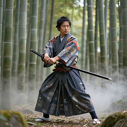Photograph of a Japanese man in traditional samurai attire, holding a katana, standing in a misty bamboo forest, ready for combat.