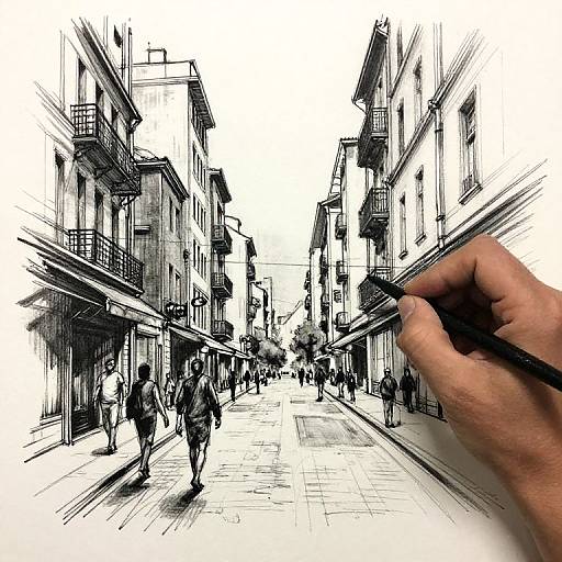 Monochrome sketch of a bustling European street, drawn with black ink, showing people and buildings, with a hand holding a pen in the foreground.