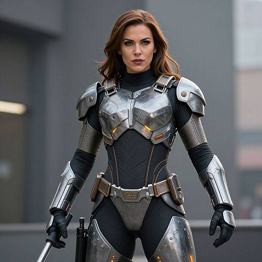 Photograph of a stern-faced woman with brown hair in detailed, silver and black metal armor, standing outdoors against a blurred urban background.