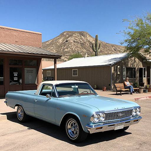 Photograph of a shiny, light blue 1960s vintage car parked in front of a rustic desert building with mountains in the background.