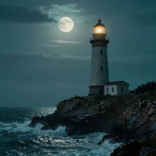 Photograph of a glowing lighthouse on rocky coastline under a full moonlit night sky, with crashing waves in the foreground.