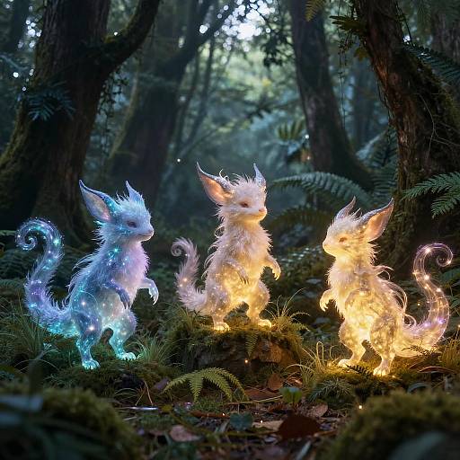 Photograph of three glowing, ethereal, furry forest creatures with blue, white, and yellow bioluminescence standing in a misty, dark