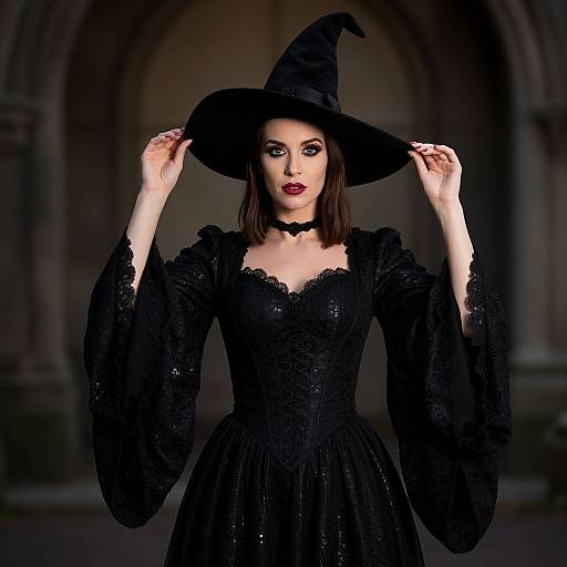 Photograph of a pale-skinned woman with dark red lipstick, wearing a black lace witch dress and hat, holding the hat's brim in a